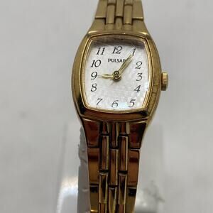 Pulsar Watch Gold Toned Link Band Rectangular Face Elegant New Battery!